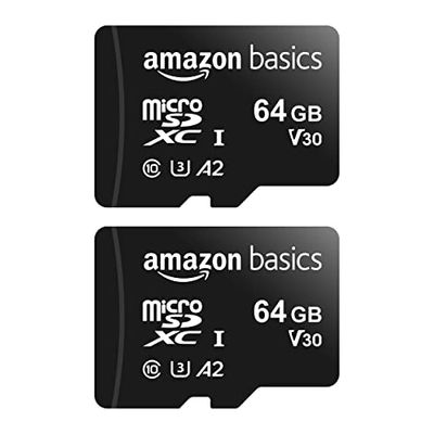 Amazon Basics Micro-SDXC-geheugenkaart, met adapter in volledige grootte, A2, U3, leessnelheid tot 100 MB/s, 64 gb, set van 2, zwart