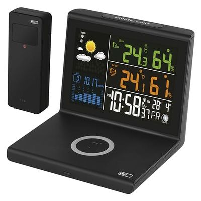 EMOS Draadloos weerstation met draadloze Qi-oplader, VA-kleurendisplay, voeding en buitensensor, functies: thermometer, hygrometer, weersvoorspelling, DCF-klokweergave, wekker