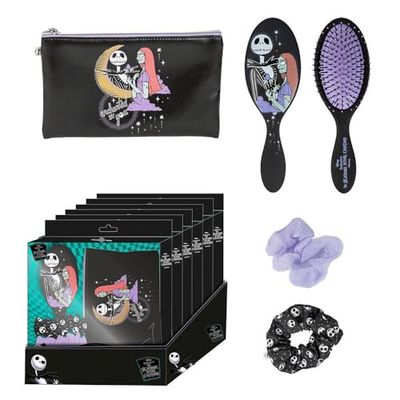 Set de Belleza de Pesadilla Antes de Navidad - Color Negro - Conjunto Completo - Incluye Cepillo de Pelo, 2 Coleteros y Estuche - Producto Original