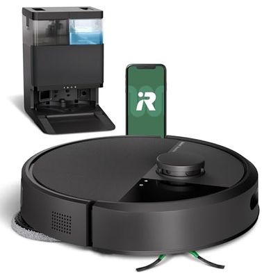 iRobot Roomba Plus 405 Combo con Base AutoWash multifunción y autolimpiable, lavado y secado mopas DualClean elevables, ClearView LiDAR, 75 días de autovaciado, doble fregado con SmartScrub, App,Negro