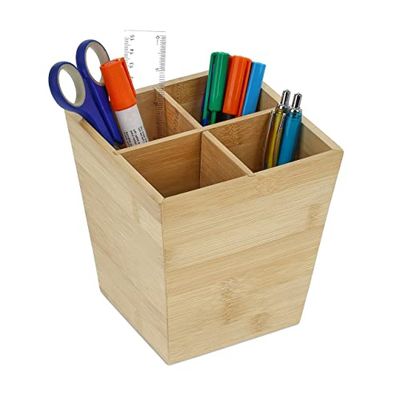 Relaxdays pennenbak bamboe, met 4 vakken, bureau organizer, H x B x D: 15,5 x 14,5 x 14,5 cm, pennenhouder, natuur
