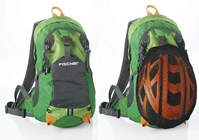 Fischer ryggsäck med hjälmnät, öppning för dricksbubblor, regnskydd, ergonomiskt bärsystem, höftbälte, bröstrem