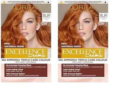 L’Oréal Excellence Permanent Hair Dye Colouring Cream, 100% Grey Coverage, With Pro-Keratin, Ammonia-Free, Universal Nudes, 8UC Light Copper (Pack of 2)