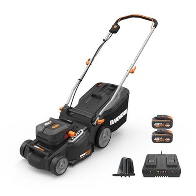 WORX Cortacésped WG737E Nitro con batería de 40 V (2 x 20 V), Potente Motor sin escobillas, Ancho de Corte de 37 cm, 6 Niveles de Altura de Corte (20 – 70 mm), Saco recogedor de césped de 40 l,