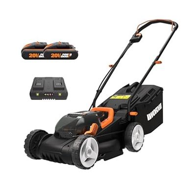 Worx WG779E.2 40V 34cm Cordless Lawnmower – Ideal for Small to Medium Gardens (Up to 400㎡) – Includes 2x 2.0Ah Batteries & Charger – Cut-to-Edge, Striped Lawn Roller, Foldable Handle, PowerShare