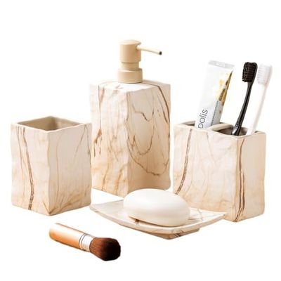 RQYIXI Keramiskt badrumstillbehör set komplett 4 delar retro stil tvåldispenser & tandborsthållare set (marmorbrun)