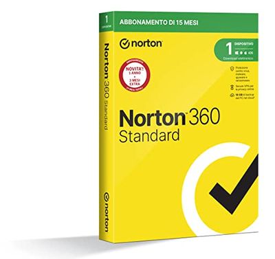 Norton 360 Standard 2024, Antivirus per 1 dispositivo, Licenza di 15 mesi, PC, Mac, tablet e smartphone