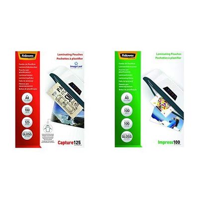 Fellowes 5307407 Pouches di Plastificazione, Formato A4, 125 Micron, Confezione da 100 Pezzi + Fellowes 5351002 Pouches Lucide Impress100, Formato A5, 100 Micron, Confezione da 100 Pezzi