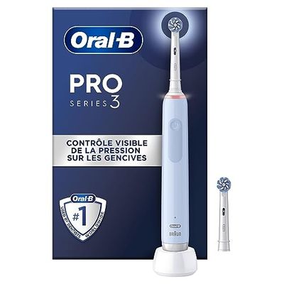 Oral-B Pro 3 3000 Brosse À Dents Électrique Oscillo-Rotative, Capteur De Pression Pour Protéger Les Gencives Sensibles, Mode Blancheur, 2 Brossettes Rondes De Rechange, 1 Chargeur, Bleue