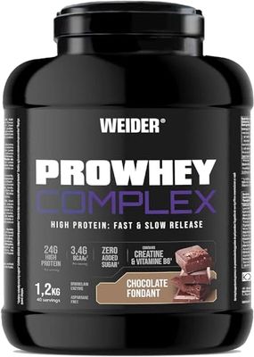 Weider ProWhey Complex (1,2kg) Goût Chocolat Fondant. Formule à base de Concentrés et Isolat de Protéine de Lactosérum + Caséinate, 3,4g BCAA/dose, Créatine, L-Glutamine, MCT, Vitamine B6, Bromélaïne