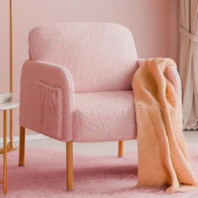 Mondeer Fauteuil, Accentstoel met opbergtas en metalen poten, zachte imitatie lamswollen stof voor woonkamer, slaapkamer, leesreceptie, lounge, 63 x 75 x 75 cm, roze