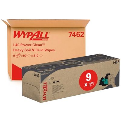 WypAll L40 Power Clean Paños en caja pop-up 7462 - 9 cajas de paños x 90 paños de limpieza blancos