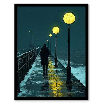 Artery8 Night Walk in Rain Under Promenade Street Lamps Living Room Artwork Framed Wall Art Print 18X24 Inch