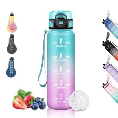 Drinkfles, 1 liter, motiverende waterfles zonder lekkage, sportfles met tijdschaal, gemakkelijk te reinigen, drinkflessen voor hardlopen, wandelen, yoga, fietsen, groen-roze
