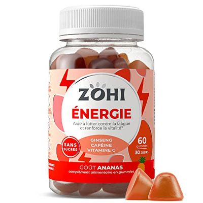 Complément Alimentaire Energie-Gummies aidant à lutter contre la fatigue et renforce la vitalité-Vegan-60 gommes de fruits goût Ananas- Ginseng-Sans Sucres Vegan- ZOHI- Fabriqué en France