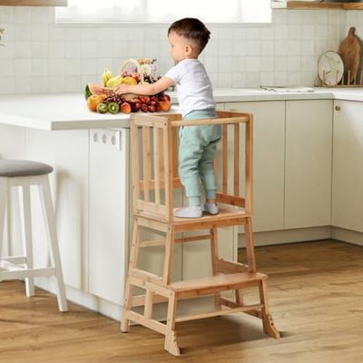 COSYLAND Torre de Aprendizaje Desde 18 Meses - Torre Aprendizaje para Niños - Protección Antivuelco y Barra de Seguridad - para Baño, Habitación Infantil y Cocina - Color Bambú