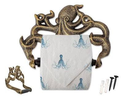 Portarotolo decorativo in ghisa a forma di polpo – Decorazione da parete a forma di polpo per il bagno – Kraken, accessori da bagno nautici – facile da installare con viti e tasselli inclusi, oro e