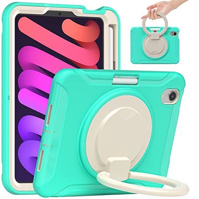 Visaccy iPad Mini 6 Case 2021 8.3 Inch, Slim Silicone TPU Bumper Shockproof Armored Case with Rotatable Stands, Pencil Holder, Mint