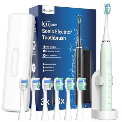 Cepillo de Dientes Eléctrico Sónico para Familia - Cepillo Electrico Adultos Infantil con 6 Cabezales y Estuche de Viaje, 5 Modos y Temporizador, Cepillos de Dientes Ultrasónicos, Verde Claro