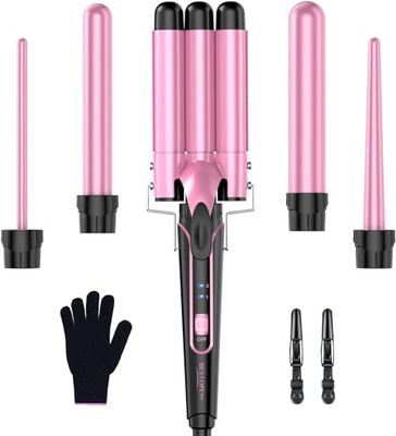 BESTOPE PRO Set di ferro arricciacapelli 5 in 1, ferro ondulato, 3 botti per grandi senza ricci, bigodini in ceramica, con diversi accessori con guanto e 2 clip
