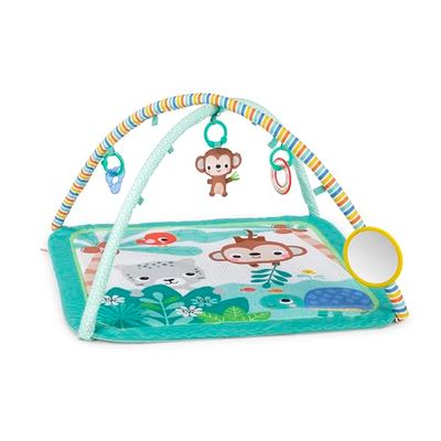 Bright Starts Palm Party Baby Activity Gym można prać w pralce mata do zabawy z 4 zabawkami, dla noworodka i starszych - neutralna dla płci, 80 x 80 x 45 cm
