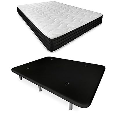 DUÉRMETE ONLINE Lit Complet avec Matelas Pocket Visco Réversible + Base Tapissée Renforcée Noir 6 Pieds Bois 90 x 190
