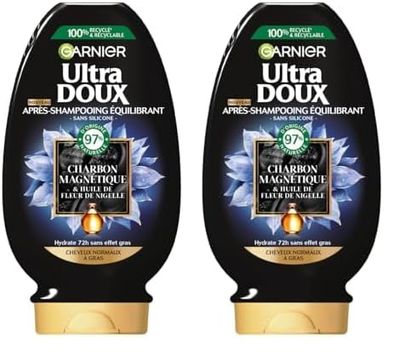 Garnier Ultra Doux - Après-Shampooing Hydratant & Équilibrant au Charbon Magnétique & Fleur de Nigelle - Pour Cheveux Normaux à Gras - 200 ml (Lot de 2)