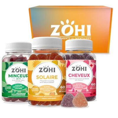 Zohi -Coffret Eté Compléments Alimentaires 1 pilulier Zohi Minceur - 1 pilulier Zohi Solaire - 1 pilulier Zohi Cheveux - 3 x 60 gommes - ZOHI - Fabriqué en France - Sans sucres