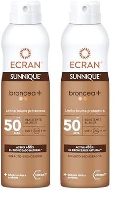 Ecran Sunnique Bronze- Bruma Leche Protectora FPS 50, Protección UVB + UVA e IR-A, Con Tecnología Pure Bronze y VitEox 80, Activa el Bronceado Natural, Sin Autobronceador - 250 ml (Paquete de 2)