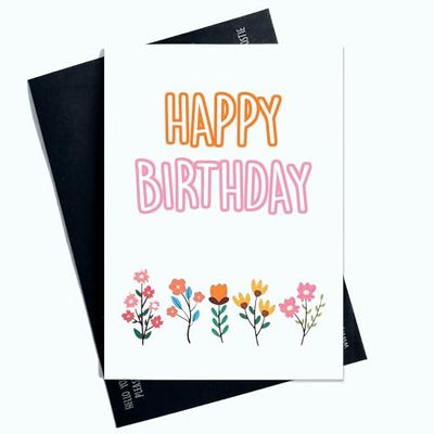 Happy Birthday Card For Her For Family - Friends Flowers Design Orange And Pink Lettering Cute Design AP69