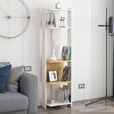 Stijlvolle boekenplank, wandmontage, wit & oak, 165 cm hoogte, 100% melamine gecoat particle board, 18 mm dik, meerdere planken voor moderne ruimtes