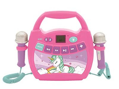 Lexibook, Enhörning, Bärbar digital karaokespelare för barn, Mikrofoner, Ljuseffekter, Bluetooth®, Inspelnings- och röstväxlarfunktioner, Rosa, MP320UNIZ
