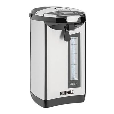 Buffalo Hands Free 750 W Electric Airpot 4.7 Litre, Silver, Temperature Select: 40, 50, 60, 85 or 98°C (Boils to 100°C Stays Warm at 98°), Boil Dry Safety, Size: 370(H) x215(Dia) mm, HF155