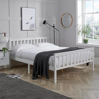 Home Source Florida Solid Wood Shaker Bed Frame, Natural Wood, White, 4ft 6in Double