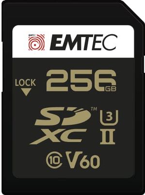 EMTEC - SDXC-kaart UHS-II U3 V60 SpeedIN Pro+ ECMSD256GUHS2V60 - Geheugenkaart - Foto's in Burst, Full HD, 3D, 4K, 8K UHD - Opslagcapaciteit 256GB, 256GB - 2 rijen pinnen op de achterkant - Zwart/Goud