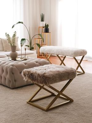 Atelier Del Sofa Stylowa pufa z metalową ramą, pluszową tkaniną, 50 cm szer. x 42 cm wys. x 40 cm śr. | elegancki brązowy i złoty design | idealna do salonu i sypialni