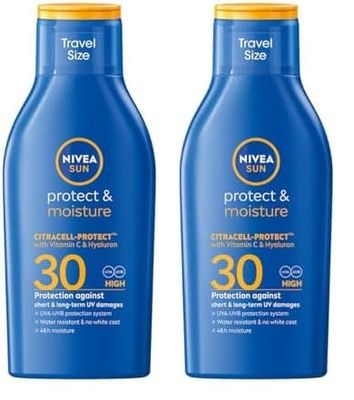 NIVEA SUN Protección y Cuidado de la Leche solar SPF 30 tamaño de viaje (100 ml), protector solar para 48 h de humedad, protección solar instantánea contra los rayos UVA/UVB (Paquete de 2)