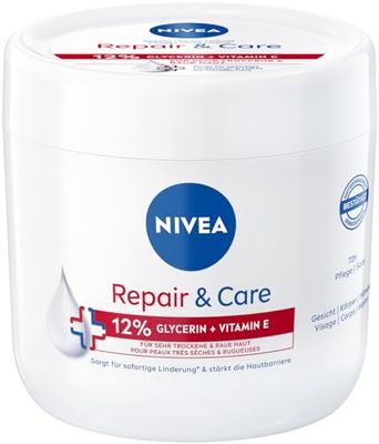 NIVEA Repair & Care Creme, fuktgivande och icke-fet kroppskräm, snabbabsorberande lotion med E-vitamin & glycerin, för mycket torr och grov hud (400 ml)