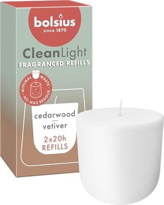 Bolsius - CleanLight Refill - Refillable Scented Candle - Cedarwood & Vetiver - Refills Only - 2 pcs - Burn Time 20 Hours - Contains Natural Vegan Wax - Sustainable Concept