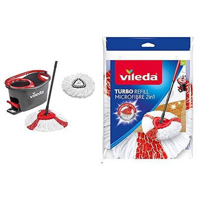Vileda Turbo Easywring & Clean Komplettset + Classic Ersatzkopf Box, Rosso/Nero/Bianco, Set & Turbo 2In1 Fiocco Ricambio per Sistema Lavapavimenti Turbo, Easy Wring & Clean, Microfibra 100%