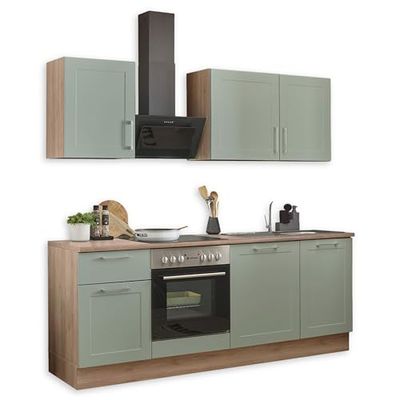 MARSEILLE Moderno angolo cottura senza elettrodomestici in verde canna, effetto rovere San Remo – Spaziosa cucina da incasso con ampio spazio – 220 x 211 x 60 cm (larghezza x altezza x profondità)