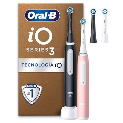 Oral-B Spazzolino Elettrico Ricaricabile iO 3 Rosa e Nero, 2 Testine di Ricambio, 1 Custodia da Viaggio, Confezione Doppia, 2 Spazzolini