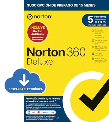 Norton 360 Deluxe+Norton AntiTrack 2024 -Antivirus software 5 dispositivos|15 meses de suscripción con renovación automática, Secure VPN y Gestor de contraseñas|PC/Mac/Ios/Android|Enviado por email