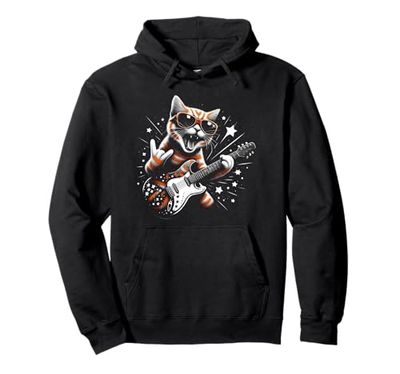 Funny Rock Cat Playing Guitar Rock and Roll Cat Kitten Lover Felpa con Cappuccio