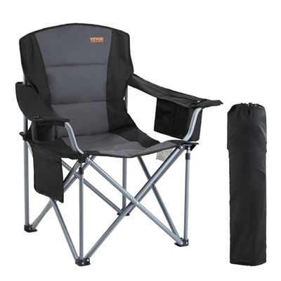VEVOR Chaise de Camping Pliante surdimensionnée de 204 kg avec Quad d'extérieur, rembourrée, Poches latérales, Porte-gobelet et Sac Isotherme pour Plage, Pique-Nique, pêche, Noire