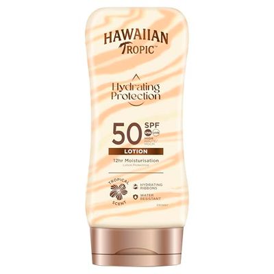 Hawaiian Tropic Hydrating Protection SPF 50 - Loción Solar Protectora con Cintas de Seda Hidratantes, Resistente al Agua hasta 12 Horas, Crema (Individual)