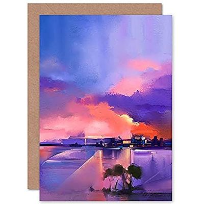 Wee Blue Coo Abstract Sunset on Lake Greeting Card With Envelope Inside Premium Quality