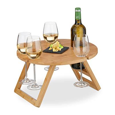 Relaxdays Mini-Table portative Ronde Pliante, HxD : 22x39 cm, encoches pour 4 Verres de vin 1 Bouteille, Bambou, Nature