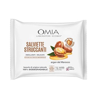 Omia, Salviette Struccanti Viso Ecobio Con Olio di Argan del Marocco, Struccanti, Emollienti e Delicate, Rimuovono il Trucco Waterproof, Tessuto 100% Biodegradabile - Confezione da 20 Salviettine