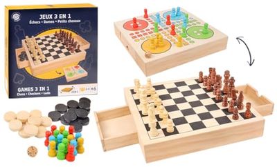 MGM GAMES - 3 Jeux en 1 Jeu de Dames, Jeu d'Échecs et Petits Chevaux - Jeu de Société - 140713-2 à 6 Joueurs - Jeu de Plateau - Famille - Jouet Enfant - Cadeau - 30 cm x 30 cm - À partir de 6 Ans